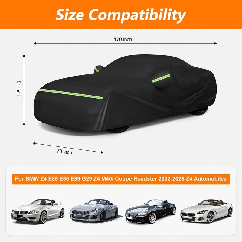 BIGACOVER Car Cover for BMW Z4 E85 E86 E89 G29 Z4 M40i Coupe Roadster 2002-2025 Z4 Automobiles, Waterproof 210D Oxford Cloth and Cotton Full Car Covers with Zipper Windproof Heavy Duty All Weather (Black) - Image 2